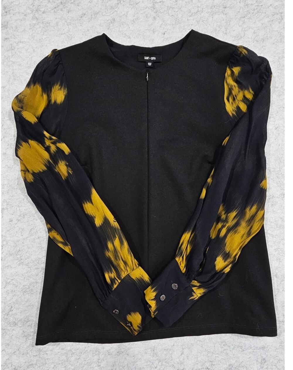 Saint + Sofia Womens Black Tie Dye Floral Sheer Sleeve Top, Zipper Front, Sz 6
